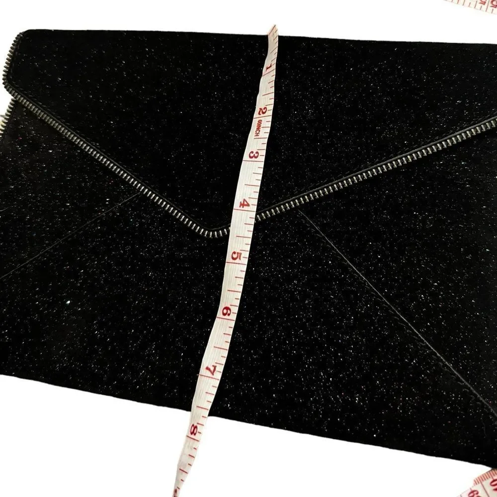 Rebecca Minkoff Glitter Suede Envelope Clutch in Black with Gold Zipper Trim